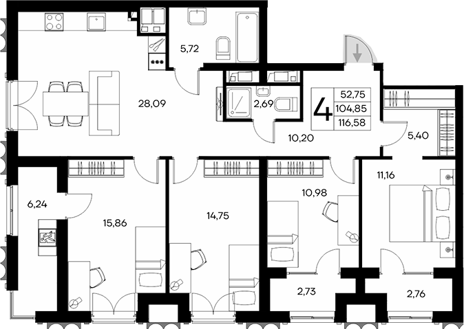 Планировка — Клубный дом Столица, 4-комн., 105 м²
