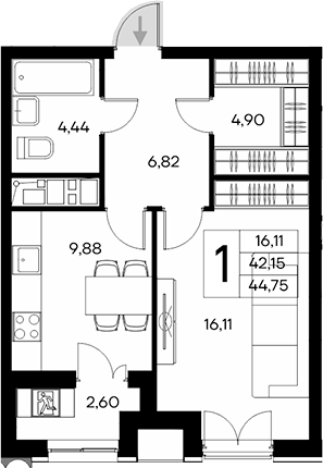 Планировка — Клубный дом Столица, 1-комн., 42 м²