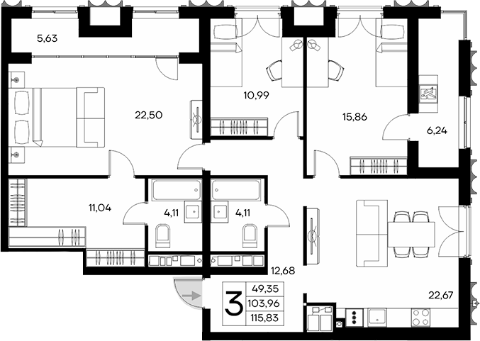 Планировка — Клубный дом Столица, 3-комн., 104 м²