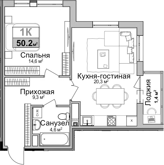 Планировка — Город Мира, 1-комн., 49 м²