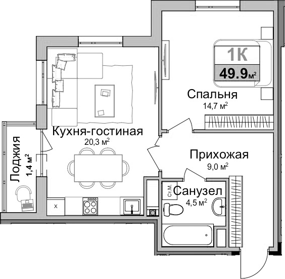 Планировка — Город Мира, 1-комн., 49 м²