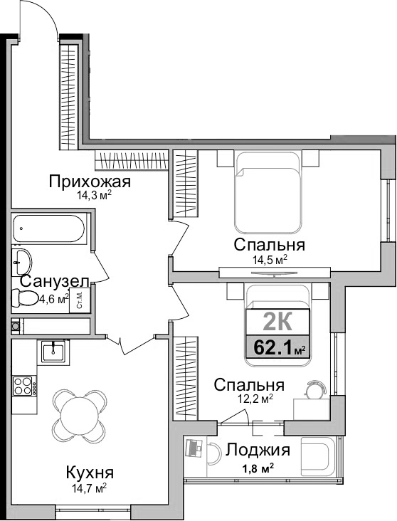Планировка — Город Мира, 2-комн., 60 м²