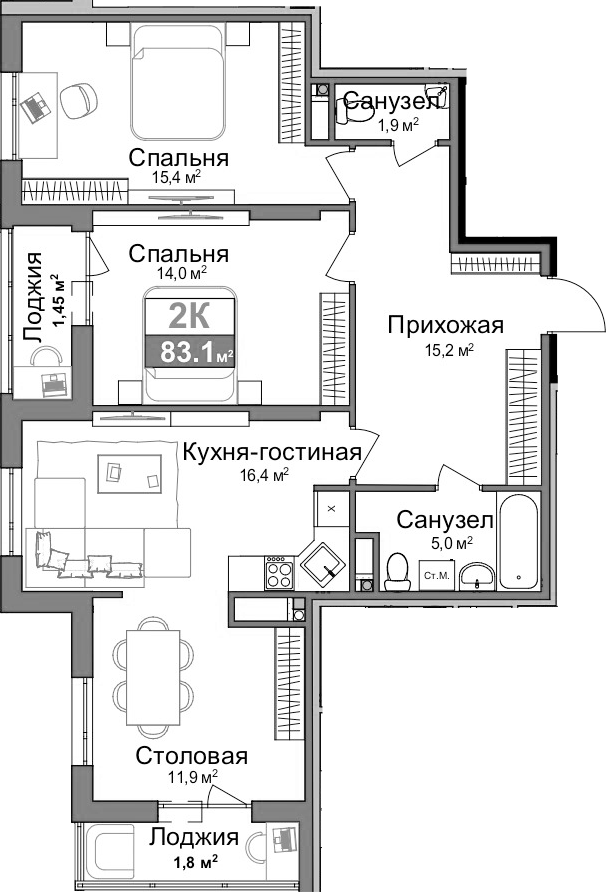 Планировка — Город Мира, 2-комн., 80 м²
