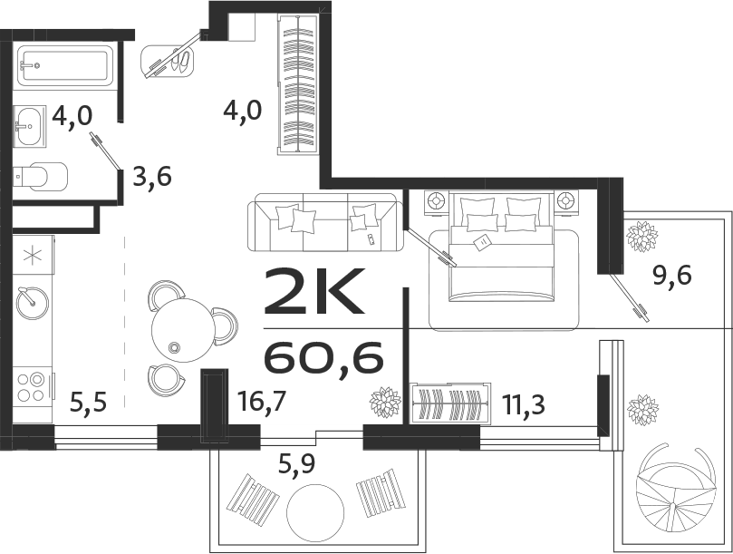 Планировка — ROYALTA, 2-комн., 45 м²