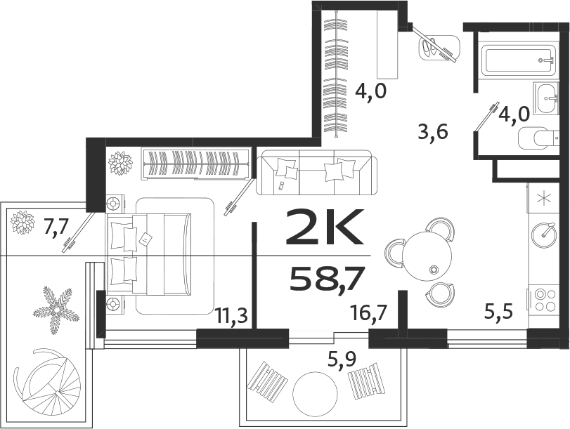 Планировка — ROYALTA, 2-комн., 45 м²