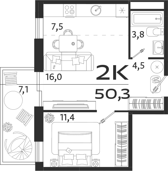 Планировка — ROYALTA, 2-комн., 43 м²