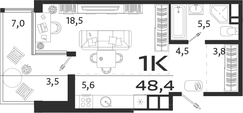 Планировка — ROYALTA, Студия, 38 м²