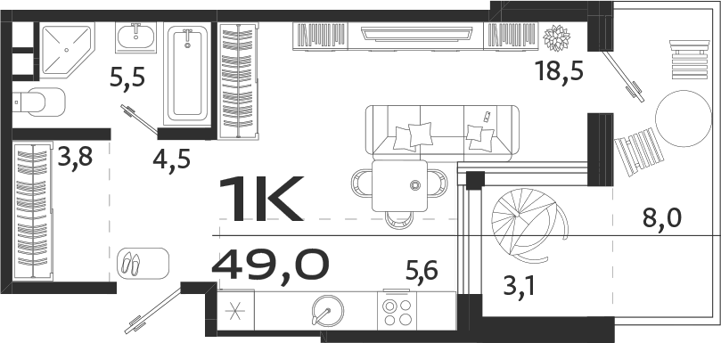 Планировка — ROYALTA, Студия, 38 м²