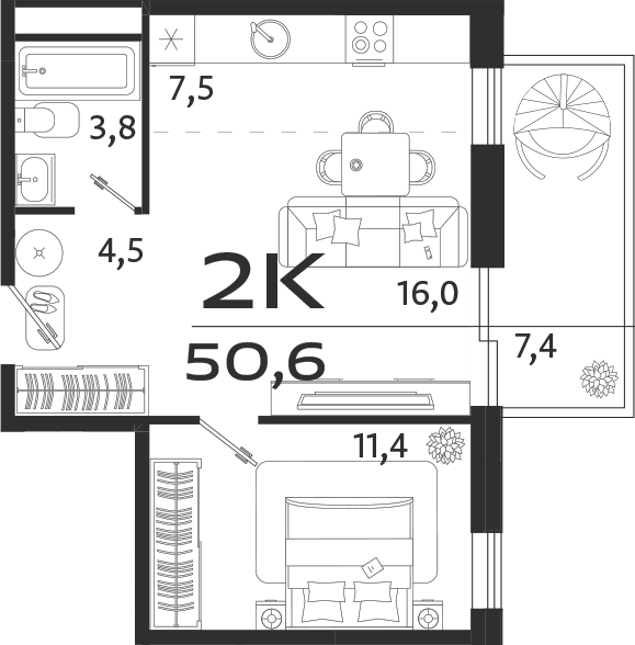 Планировка — ROYALTA, 2-комн., 43 м²