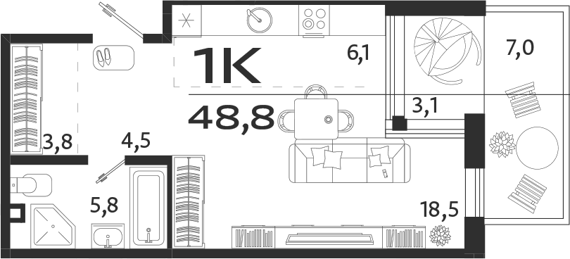 Планировка — ROYALTA, Студия, 39 м²