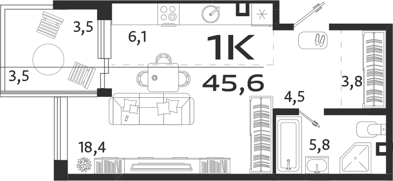 Планировка — ROYALTA, Студия, 39 м²