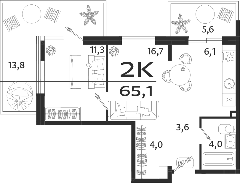 Планировка — ROYALTA, 2-комн., 46 м²
