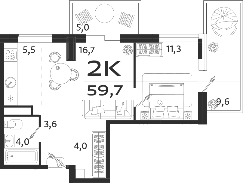 Планировка — ROYALTA, 2-комн., 45 м²