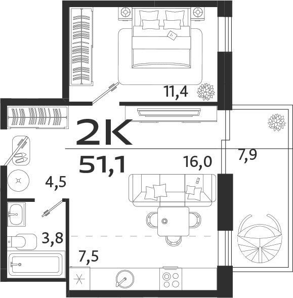 Планировка — ROYALTA, 2-комн., 43 м²