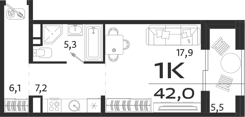 Планировка — ROYALTA, Студия, 37 м²