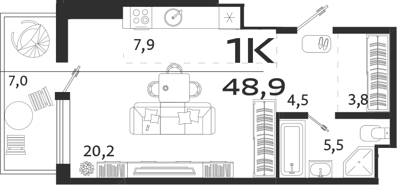 Планировка — ROYALTA, Студия, 42 м²