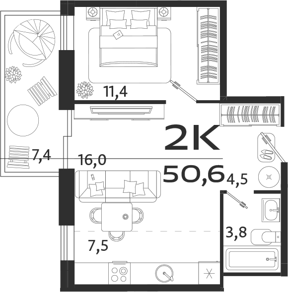 Планировка — ROYALTA, 2-комн., 43 м²