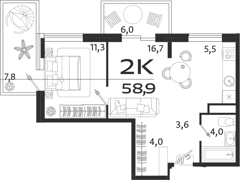 Планировка — ROYALTA, 2-комн., 45 м²