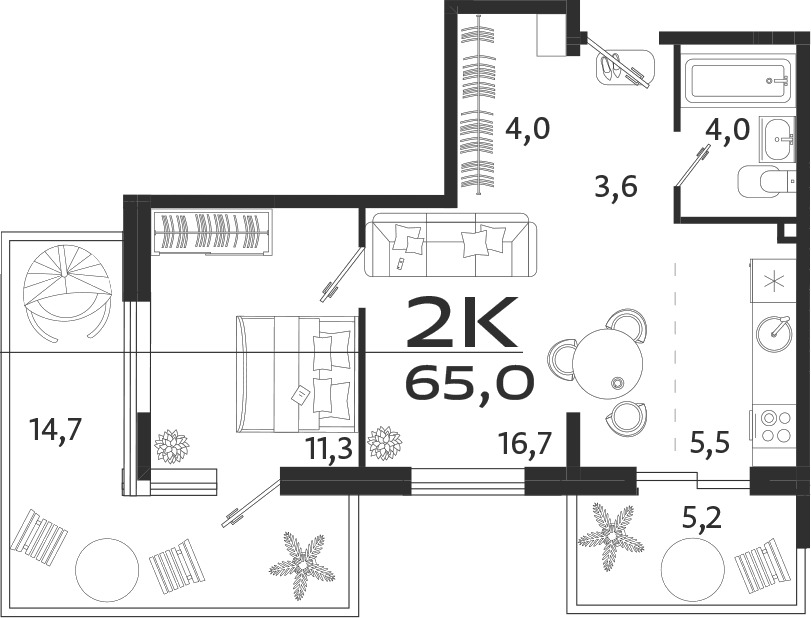 Планировка — ROYALTA, 2-комн., 44 м²