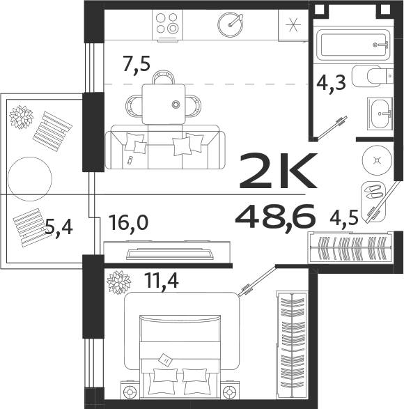 Планировка — ROYALTA, 2-комн., 43 м²