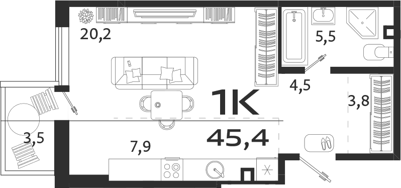Планировка — ROYALTA, Студия, 42 м²