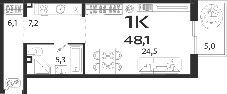 Планировка — ROYALTA, Студия, 43 м²