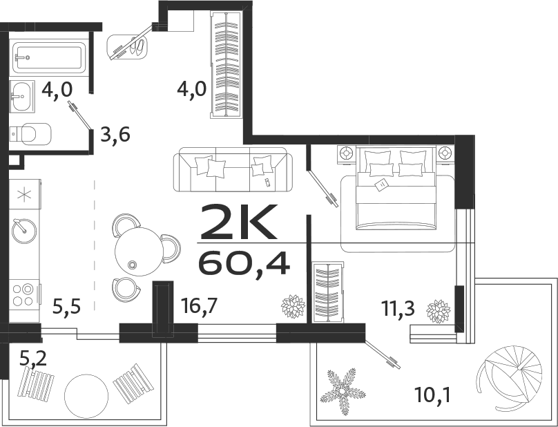 Планировка — ROYALTA, 2-комн., 45 м²