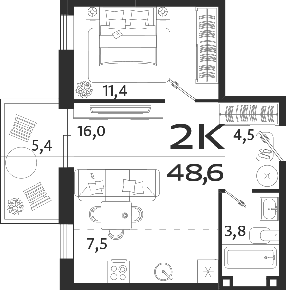 Планировка — ROYALTA, 2-комн., 43 м²