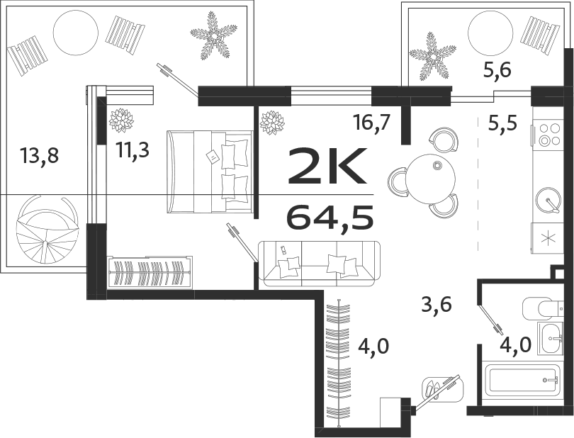 Планировка — ROYALTA, 2-комн., 45 м²