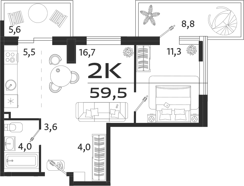 Планировка — ROYALTA, 2-комн., 45 м²