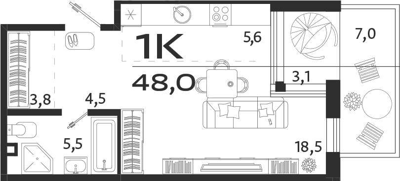 Планировка — ROYALTA, Студия, 35 м²