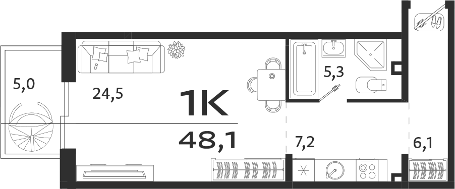 Планировка — ROYALTA, Студия, 43 м²