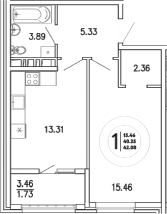 Планировка — Просторы Крыма, 1-комн., 40 м²