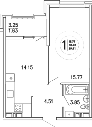 Планировка — Просторы Крыма, 1-комн., 38 м²