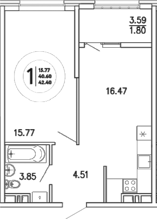 Планировка — Просторы Крыма, 1-комн., 41 м²