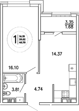 Планировка — Просторы Крыма, 1-комн., 39 м²