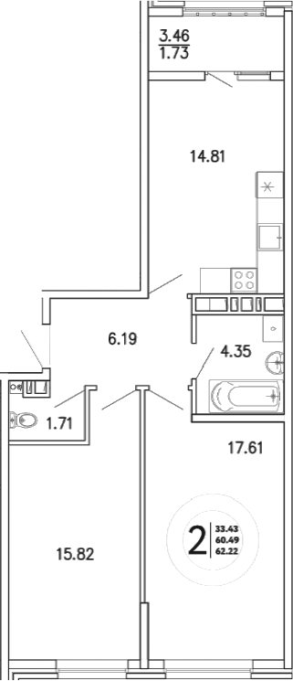 Планировка — Просторы Крыма, 2-комн., 60 м²