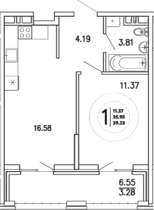 Планировка — Просторы Крыма, 1-комн., 36 м²