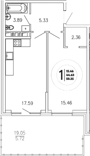 Планировка — Просторы Крыма, 1-комн., 45 м²
