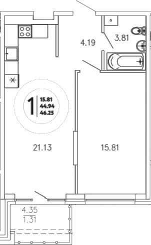 Планировка — Просторы Крыма, 1-комн., 45 м²