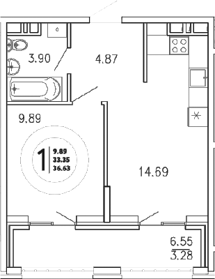 Планировка — Просторы Крыма, 1-комн., 33 м²