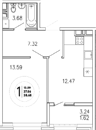 Планировка — Просторы Крыма, 1-комн., 37 м²
