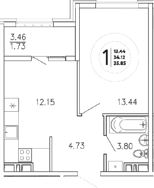 Планировка — Просторы Крыма, 1-комн., 34 м²