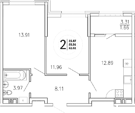 Планировка — Просторы Крыма, 2-комн., 51 м²