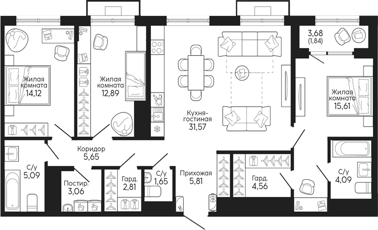 Планировка — Тихий центр. Синара, 3-комн., 107 м²