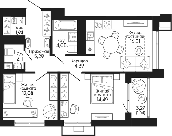 Планировка — Тихий центр. Синара, 2-комн., 61 м²