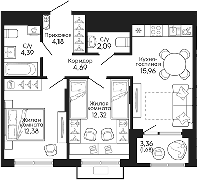 Планировка — Тихий центр. Синара, 2-комн., 56 м²