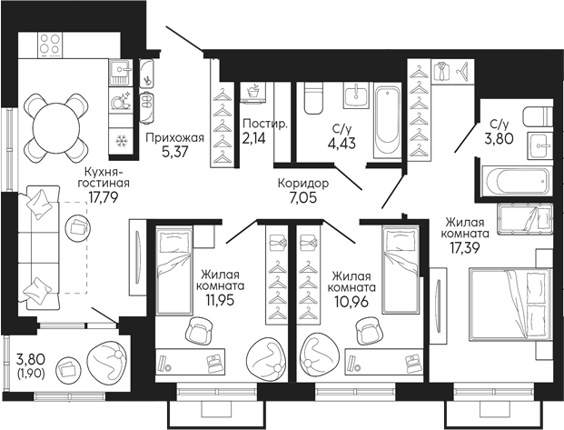 Планировка — Тихий центр. Синара, 3-комн., 81 м²