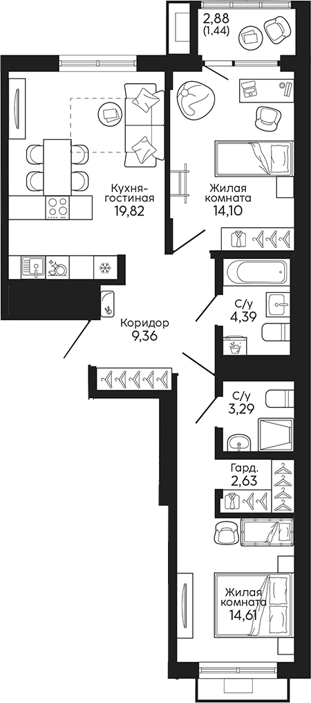 Планировка — Тихий центр. Синара, 2-комн., 68 м²