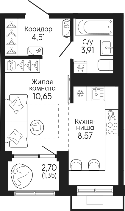 Планировка — Тихий центр. Синара, Студия, 28 м²